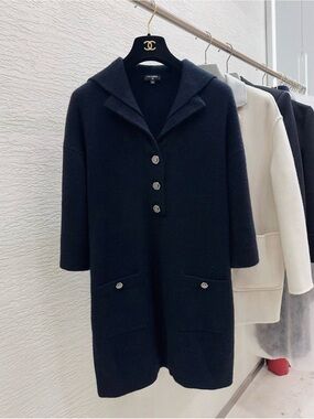 CHANEL Black Hooded Knit Coat with Front Buttons